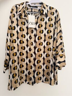 Zara Beige Black White Geometric Blouse